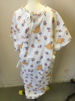 Unisex, Child, Patient Gown, NL, White, Orange, Blue, Red, Cotton, Novelty Pattern, L, Circus Print, Short Sleeves, Crew Neck, Back Ties