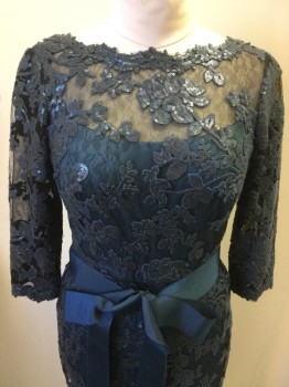Womens, Evening Gown, TADASHI SHOJI, Navy Blue, Steel Blue, Black, Nylon, Cotton, Floral, W30, 8, 3/4 Sleeves, Matte Sequins on Floral Lace Over-layer, Grosgrain Bow at Waist, Center Back Zipper,