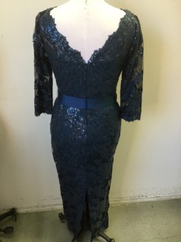 Womens, Evening Gown, TADASHI SHOJI, Navy Blue, Steel Blue, Black, Nylon, Cotton, Floral, W30, 8, 3/4 Sleeves, Matte Sequins on Floral Lace Over-layer, Grosgrain Bow at Waist, Center Back Zipper,