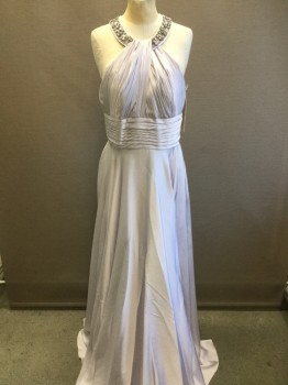 Womens, Evening Gown, ASPEED, Lt Gray, Polyester, Beaded, Solid, M, Rhinestone & Beaded Embellished Round Neck, Sleeveless, Knife Pleated Bodice, Pleated Waist, Back Zip