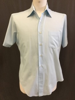 PERMA PREST, Lt Blue, Polyester, Cotton, Solid, Collar Attached, Button Front, 1 Pocket, Short Sleeves, (missing the Last Bottom Button)