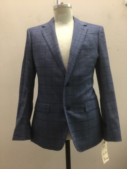 BONOBOS, Navy Blue, Wool, Spandex, Heathered, Plaid-  Windowpane, Heather Navy with Navy Window Pane, Notched Lapel, Single Breasted, 2 Buttons, 3 Pockets