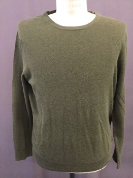 Mens, Pullover Sweater, JCREW, Olive Green, Cotton, Cashmere, Solid, L, Crew Neck, Micro Waffle Weave