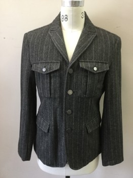 JOHN VARVATOS, Dk Gray, White, Wool, Polyester, Stripes - Pin, Single Breasted, Collar Attached, Peaked Lapel, 4 Flap Pockets, 4 Buttons, Long Sleeves, Gunmetal Buttons