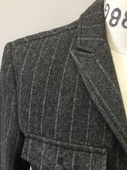 JOHN VARVATOS, Dk Gray, White, Wool, Polyester, Stripes - Pin, Single Breasted, Collar Attached, Peaked Lapel, 4 Flap Pockets, 4 Buttons, Long Sleeves, Gunmetal Buttons