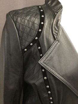 Womens, Leather Jacket, ANTONIO MELANI, Pewter Gray, Leather, Suede, Solid, Geometric, M, No Collar, Ruffle Upper Neck Edge, 1/2 Lapel, Asymmetrical, Front Zip, Long Sleeves, Zip Cuffs, Pleated Peplum, Decorative Stitching and Studs