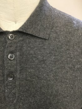 Mens, Pullover Sweater, 8100, Gray, Cashmere, Heathered, M, Polo Style, Ribbed Knit Collar Attached, 3 Buttons,  Long Sleeves, Ribbed Knit Cuff