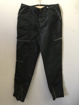 PANNO D'OR, Black, Nylon, Solid, Parachute Pants, Zip Fly, 3 Pockets +  3 Zip Cargo Pockets, Zip Hem Vents