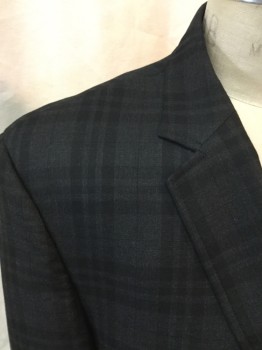 TOMMY HILFIGER, Gray, Black, Polyester, Viscose, Plaid, 2 Buttons,  Single Breasted, 3 Pockets, Notched Lapel , 2 Slits at Side Back