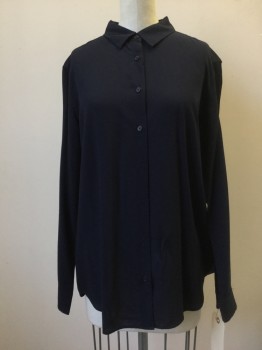 Womens, Blouse, UNIQLO, Navy Blue, Rayon, Polyester, Solid, S, Navy, Button Front, Collar Attached, Long Sleeves,