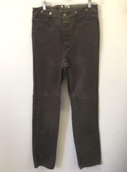 Mens, Historical Fiction Pants, N/L, Dk Brown, Cotton, Solid, Ins:35, W:30, Canvas/Duck, Button Fly, Gold Metal Suspender Buttons at Outside Waist, 3 Pockets Plus 1 Watch Pocket, Belted Back, Reproduction