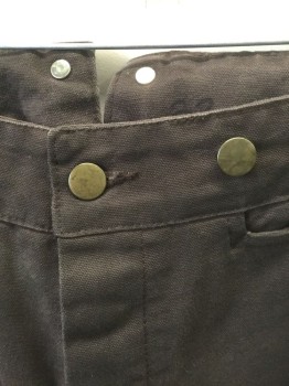 N/L, Dk Brown, Cotton, Solid, Canvas/Duck, Button Fly, Gold Metal Suspender Buttons at Outside Waist, 3 Pockets Plus 1 Watch Pocket, Belted Back, Reproduction