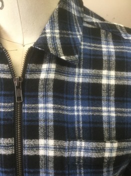 Mens, Casual Jacket, TOPMAN, Blue, Navy Blue, White, Cotton, Plaid, S, Flannel, Zip Front, Collar Attached, 3 Pockets, No Lining
