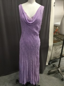 Womens, Cocktail Dress, ECI NEW YORK, Lavender Purple, Silk, Solid, B 36, 6, W 30, Draped Cowlneck, Eyelet Pattern W/tiny Pearl Beading, Sleeveless, Matching Slip W/lace Showing at Bust
