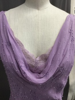 Womens, Cocktail Dress, ECI NEW YORK, Lavender Purple, Silk, Solid, B 36, 6, W 30, Draped Cowlneck, Eyelet Pattern W/tiny Pearl Beading, Sleeveless, Matching Slip W/lace Showing at Bust