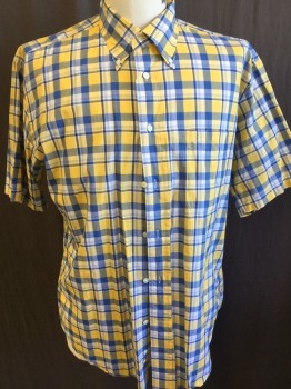 FACONNABLE, Yellow, Royal Blue, White, Faded Black, Cotton, Plaid, Plaid-  Windowpane, Collar Attached, Button Down, Button Front, 1 Pocket, Short Sleeves,
