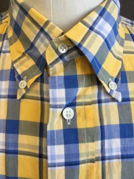 FACONNABLE, Yellow, Royal Blue, White, Faded Black, Cotton, Plaid, Plaid-  Windowpane, Collar Attached, Button Down, Button Front, 1 Pocket, Short Sleeves,
