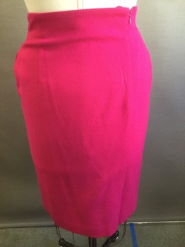 Womens, 1990s Vintage, Suit, Skirt, DANA BUCHMAN, Hot Pink, Wool, Solid, W:26, Straight Skirt, Side Slit Pockets, Asymmetrical Slit Front/ Back, Calf Length