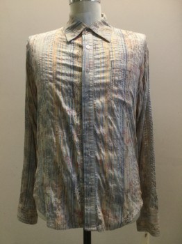 HOME, Lt Blue, Beige, Multi-color, Synthetic, Stripes, Textured Stripes, Button Front, Collar Attached, Long Sleeves, 1 Pocket,