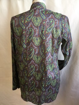 ETRO, Brown, Gray, Lime Green, Royal Blue, Yellow, Cotton, Paisley/Swirls, Collar Attached, Button Front, Long Sleeves,