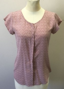 JOIE, Rose Pink, Lt Pink, Dk Gray, White, Silk, Geometric, Shades of Pink Busy Geometric Pattern, Cap Sleeve, Scoop Neck, Button Front with Covered Button Placket