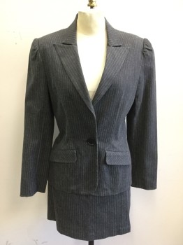 TRINA TURK, Charcoal Gray, White, Cotton, Elastane, Stripes - Pin, Single Breasted, Collar Attached, Peaked Lapel, 1 Button, 2 Flap Pockets