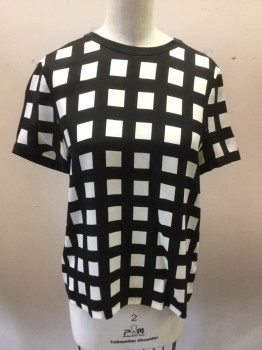 KATE SPADE, White, Black, Silk, Check , Crew Neck, Short Sleeves, Pull Over with Back Zipper,