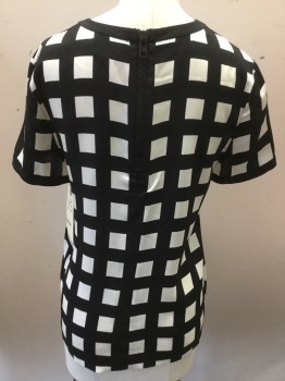 KATE SPADE, White, Black, Silk, Check , Crew Neck, Short Sleeves, Pull Over with Back Zipper,