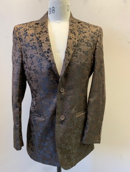 LEONARDI, Espresso Brown, Black, Polyester, Paisley/Swirls, Floral, Brocade, Single Breasted, 2 Buttons, 3 Pockets
