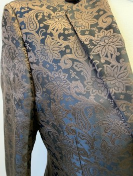 LEONARDI, Espresso Brown, Black, Polyester, Paisley/Swirls, Floral, Brocade, Single Breasted, 2 Buttons, 3 Pockets