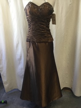 Womens, Evening Gown, SALLY, Copper Metallic, Polyester, Solid, B34, S, W28, Strapless, Sweetheart Neckline with Floral Pattern Beading and Rhinestones, Ruched Bodice, Aline Skirt, Center Back Lace Up, Side Zipper, Floor Length Hem,