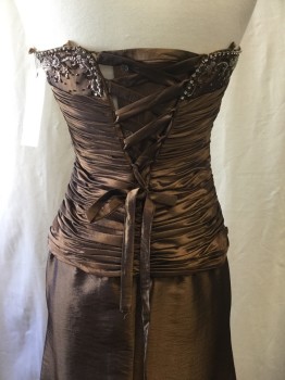 Womens, Evening Gown, SALLY, Copper Metallic, Polyester, Solid, B34, S, W28, Strapless, Sweetheart Neckline with Floral Pattern Beading and Rhinestones, Ruched Bodice, Aline Skirt, Center Back Lace Up, Side Zipper, Floor Length Hem,