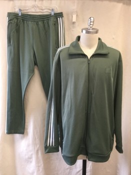 Mens, Sweatsuit Jacket, ADIDAS, Sage Green, White, Polyester, Elastane, Solid, XL, Tracksuit, Long Sleeves, Full Zip Front Polo, 2 Pockets, Side Stripes *Triple*
