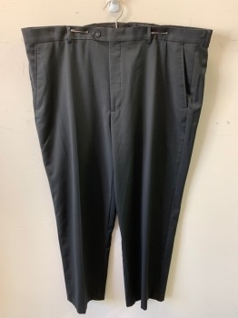 STAFFORD, Black, Poly/Cotton, Solid, Zip Front, Flat Front, Extended Waistband, 4 Pockets, 2 Buttons, Center Back Gusset