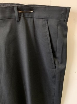 STAFFORD, Black, Poly/Cotton, Solid, Zip Front, Flat Front, Extended Waistband, 4 Pockets, 2 Buttons, Center Back Gusset