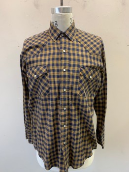 Mens, Western, WESTERN FASHIONS, Lt Brown, Navy Blue, Poly/Cotton, Plaid, 33, 15.5, Long Sleeves, Snap Front, Collar Attached, 2 Pockets,