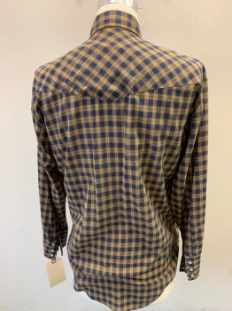 WESTERN FASHIONS, Lt Brown, Navy Blue, Poly/Cotton, Plaid, Long Sleeves, Snap Front, Collar Attached, 2 Pockets,