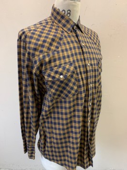 Mens, Western, WESTERN FASHIONS, Lt Brown, Navy Blue, Poly/Cotton, Plaid, 33, 15.5, Long Sleeves, Snap Front, Collar Attached, 2 Pockets,