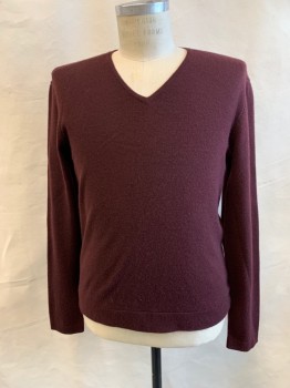 JOHN VARVATOS, Red Burgundy, Cashmere, Solid, V-neck, Long Sleeves, Self Elbow Patches with Gray Stitching