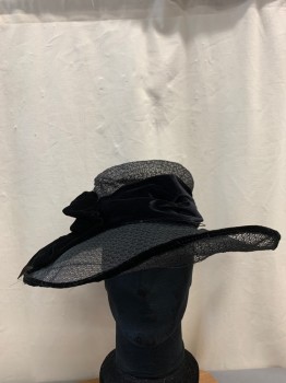 NL, Black, Synthetic, All Over Mesh, Round Crown, Black Velvet Ribbon Around Base, Pleated Velvet Cricle at Side with Rhinestone, Center of Bow, Brim Smaller in the Back, Larger at Front *Small Hole, See Last Photo