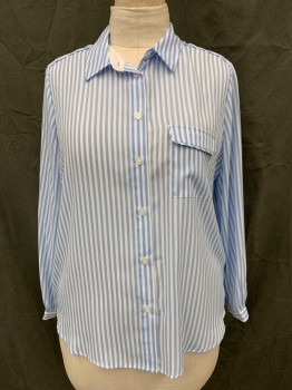 Womens, Blouse, WHO WHAT WEAR, Lt Blue, White, Polyester, Stripes, L, Button Front, Collar Attached, 1 Flap Pocket, Long Sleeves, Button Cuff, Gathered at Cuff