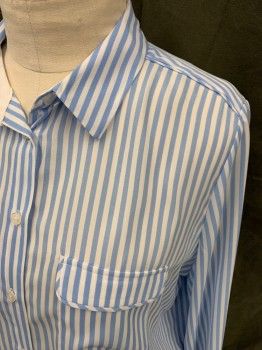 Womens, Blouse, WHO WHAT WEAR, Lt Blue, White, Polyester, Stripes, L, Button Front, Collar Attached, 1 Flap Pocket, Long Sleeves, Button Cuff, Gathered at Cuff