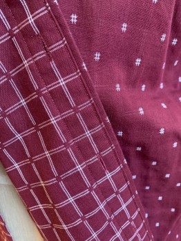 SYNERGY, Maroon Red, Off White, Cotton, Polyester, Novelty Pattern, Plaid-  Windowpane, Collar Attached, Maroon with Off White Double Windowpane Lining, Button Front, Short Sleeves,