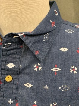 LEVI'S, Blue, White, Red, Cotton, Polyester, Native American/Southwestern , Button Front, Collar Attached, Short Sleeves, 2 Chest Pockets
Bottom Two Buttons Missing