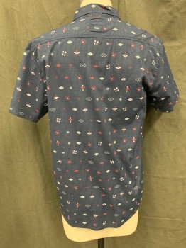 Mens, Casual Shirt, LEVI'S, Blue, White, Red, Cotton, Polyester, Native American/Southwestern , M, Button Front, Collar Attached, Short Sleeves, 2 Chest Pockets
Bottom Two Buttons Missing