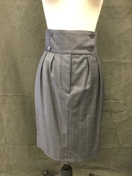 Womens, Skirt, Knee Length, STELLA MCCARTNEY, Gray, Black, Maroon Red, Wood, Grid , Houndstooth - Micro, 25, High Waist, 3 1/2" Waistband, 4 Button Tab Closure, Button Fly, Double Pleats, 2 Side Welt Pockets