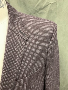 HUGO BOSS, Aubergine Purple, Heather Gray, Wool, Polyamide, Grid , Single Breasted, Collar Attached, Notched Lapel, 3 Pockets, Long Sleeves, Self Elbow Patches