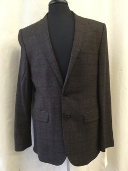 BAUMLER, Brown, Navy Blue, Wool, Plaid-  Windowpane, Notched Lapel, Collar Attached, 3 Pockets, Faux Suede Elbow Reinforcement