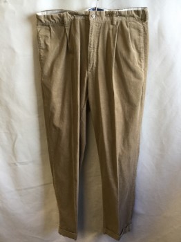 Mens, Casual Pants, POLO, Khaki Brown, Cotton, Elastane, Solid, 38/33, Corduroy, 1.5" Waistband with Belt Hoops, 2 Pleat Front, Zip Front, 4 Pockets, Cuff Hem