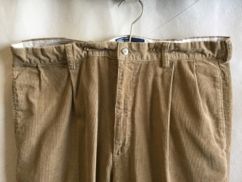 POLO, Khaki Brown, Cotton, Elastane, Solid, Corduroy, 1.5" Waistband with Belt Hoops, 2 Pleat Front, Zip Front, 4 Pockets, Cuff Hem